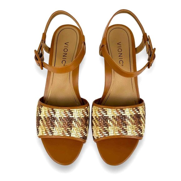 Vionic Clarita Size 10 Orthotic Strappy Brown Leather Woven T-Strap Wedge Sandal - Picture 2 of 7